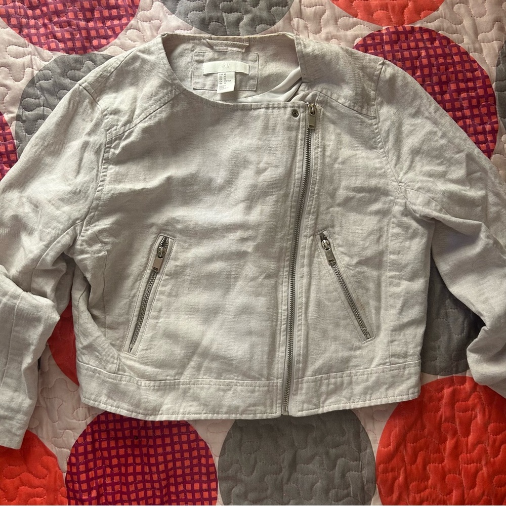 H&M Pale Linen-Blend Cropped Moto Jacket